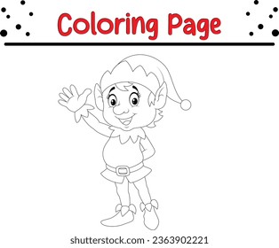 Happy Christmas elf coloring Page Outline for children. Christmas coloring book illustration isolated on white background.