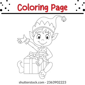 Happy Christmas elf coloring Page Outline for children. Christmas coloring book illustration isolated on white background.