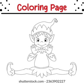 Happy Christmas elf coloring Page Outline for children. Christmas coloring book illustration isolated on white background.