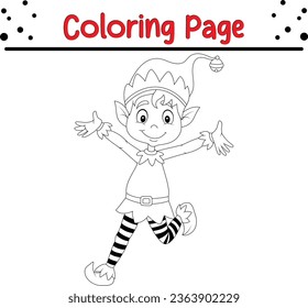 Happy Christmas elf coloring Page Outline for children. Christmas coloring book illustration isolated on white background.