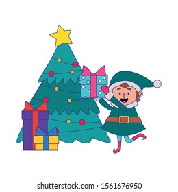 happy christmas elf with gift boxes around the christmas tree over white background, vector illustration