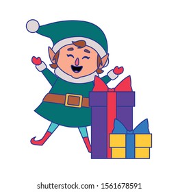 happy christmas elf with gift boxes icon over white background, vector illustration