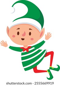 Happy christmas elf jumping, wearing a green and white striped shirt, red tights, green shoes with golden buckles, and a green hat with a white pompom, celebrating christmas time