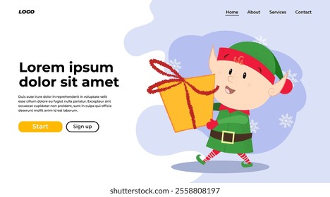 Happy Christmas elf landing page design. Illustration of elf in green costume holding gift box and walking. Christmas, fairy tales, celebtration, holiday can be used for website