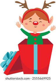 Happy christmas elf popping out of a vibrant red gift box, wearing reindeer antlers and joyfully waving, capturing the festive spirit of the holiday season