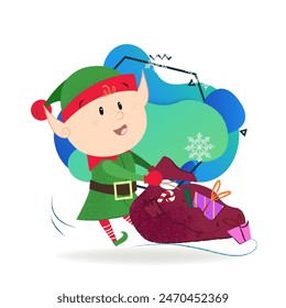 Feliz Navidad elfo sacando saco de regalos. Ilustración vectorial de elemento de dibujos animados sobre fondo azul. Festiva, personaje, cuento. Puede ser utilizado para la tarjeta de felicitación, postal, póster, folleto