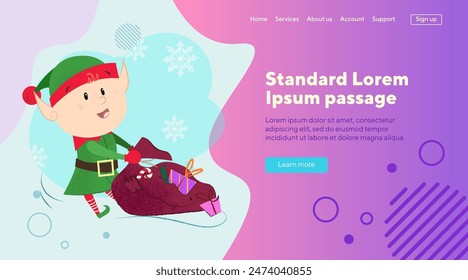 Happy Christmas elf pulling sack of gifts. Vector illustration of cartoon character. Holiday, presents, fairy tale.s concept can be used for poster, banner, landing page