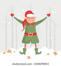 Happy Christmas elf raising arms, Vector