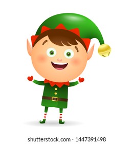 Happy Christmas elf wearing green costume cartoon illustration. Fairy tale, celebration, congratulation. Christmas concept. Vector illustration can be used for topics like holiday, childhood, event