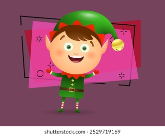 Happy Christmas elf wearing green costume cartoon illustration. Fairy tale, celebration, congratulation. Christmas concept. Vector illustration can be used for topics like holiday, childhood, event