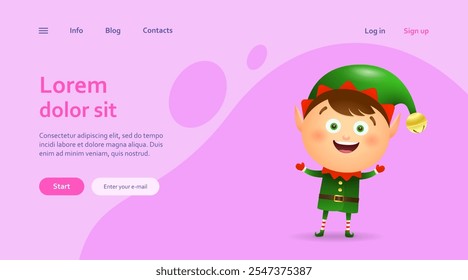 Happy Christmas elf wearing green costume. Landing page temaplate. Fairy tale, celebration, congratulation. Christmas concept. Vector illustration can be used for topics like holiday, childhood, event