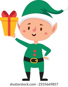 Happy christmas elf wearing a green costume and hat, holding up a wrapped yellow gift box with a red ribbon, celebrating christmas time with a cheerful smile