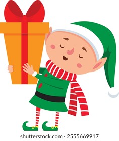 Happy christmas elf wearing green clothes and red and white striped scarf is holding a big wrapped gift box with red ribbon and bow, isolated on white background