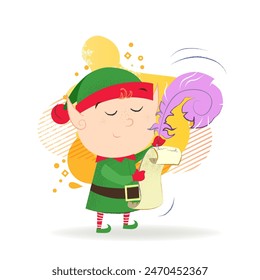 Happy Christmas elf writing letter to Santa. Vector illustration of cartoon element on blue background. Holiday, character, fairy tale. Can be used for greeting card, postcard, poster, leaflet