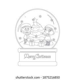 Happy christmas elves on a snowball with a christmas tree. Vector illustration