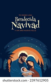Happy Christmas Eve scene. Holy family at the birth of Jesus Christ in Bethlehem. Blessed Christmas in spanish