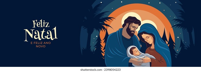 Happy Christmas Eve scene. Holy family at the birth of Jesus Christ in Bethlehem. Merry Christmas in Portuguese