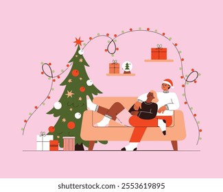 Happy Christmas Eve time vector illustration. Cartoon flat couple people sitting and hugging on cozy sofa next to decorated with garland balls Christmas tree in home living room interior background.