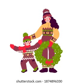 Happy Christmas family, preparation for holiday, flat vector illustration