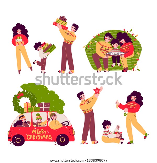 Happy christmas family vector illustration\
set. Vector festive\
illustration.