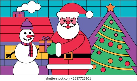 Feliz Natal feliz natal santa claus noel inverno neve fria cartão de neve vitral cor simples moderna