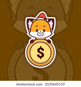 Happy Christmas Fox Holding Coin or Money Icon, Vector Sticker Design