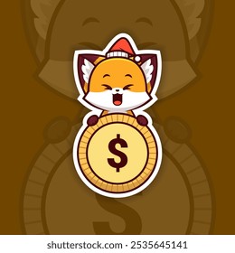 Happy Christmas Fox Holding Coin or Money Icon, Vector Sticker Design
