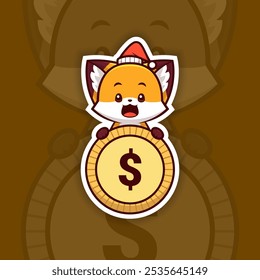 Happy Christmas Fox Holding Coin or Money Icon, Vector Sticker Design