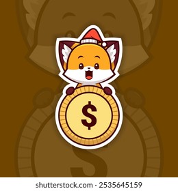 Happy Christmas Fox Holding Coin or Money Icon, Vector Sticker Design