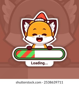 Happy Christmas Fox Holding Loading Bar, Cute Vector Sticker Design, the holidays are coming soon