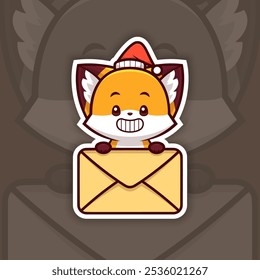 Happy Christmas Fox Holding Mail Icon, Vector Sticker Design
