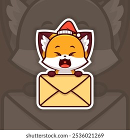 Happy Christmas Fox Holding Mail Icon, Vector Sticker Design
