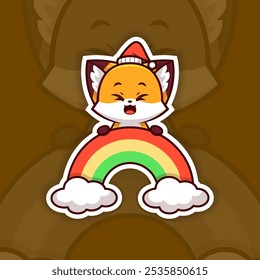 Happy Christmas Fox Holding Rainbow Icon, Vector Sticker Design