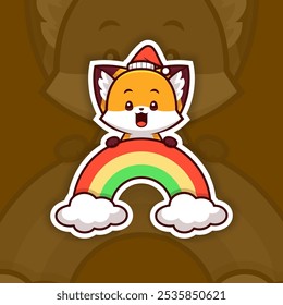 Happy Christmas Fox Holding Rainbow Icon, Vector Sticker Design