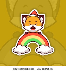 Happy Christmas Fox Holding Rainbow Icon, Vector Sticker Design