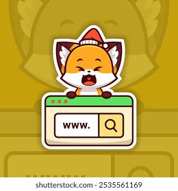 Happy Christmas Fox Holding a Web Search Icon Sticker Design Vector