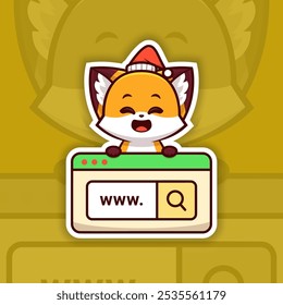 Happy Christmas Fox Holding a Web Search Icon Sticker Design Vector