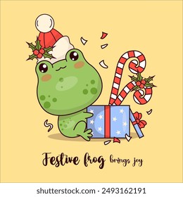 Happy Christmas frog with gift box with striped candy cane with holly. Cute winter animal kawaii character. Vector illustration. Cool holiday card with funny slogan. Kids collection