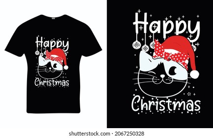 Happy Christmas - Christmas Funny Cute Cat T-shirt Design, Vintages Tshirt, Vector, Christmas Tree, Happy Christmas Day Gift