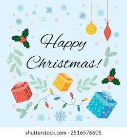 
Happy Christmas. Gifts, garlands, light bulbs, snowflakes, Christmas tree toys, Christmas, Christmas tree branches vector illustration on a black background