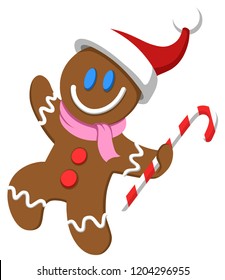 Happy Christmas gingerbread man wearing santa hat and holding a candy cane