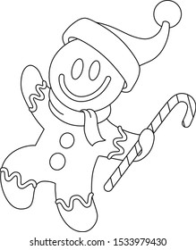 Happy Christmas gingerbread man wearing Santa hat and holding a candy cane. Vector line art illustration coloring page.