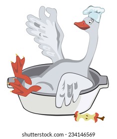 Happy Christmas goose in a chef's hat sitting in a baking dish with apple