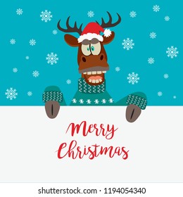 Happy Christmas greeting card in cartoon style with funny character for merry christmas and new year holiday illustrations.