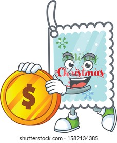 happy christmas greeting card cartoon character with gold coin