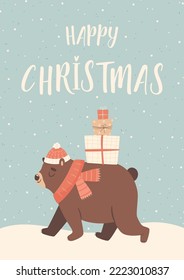 Happy Christmas greeting card with cute cartoon bear character and abstract winter background. Vector