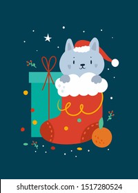 Happy Christmas Greeting card, poster, print  decorated by traditional seasonal Christmas decorations - gifts, confetti, holly berries and leaves. Festive vector illustration in flat style.