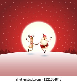 Happy Christmas greeting card - Santa Claus and Reindeer on winter red moonlight