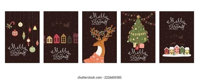 Happy Christmas greeting card set. Vector illustration. Holiday design for greeting card, invitation, cover, calendar, etc.
