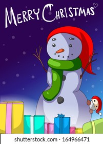 Happy Christmas greeting card with Snowman. Title in separate layer for easier editing.